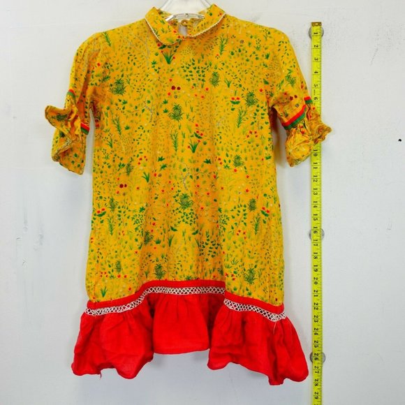 MAK Girl Yellow Red Mini Dress 12 13 Floral Pineapple Ruffle Lace Collared Mesh - Picture 9 of 12